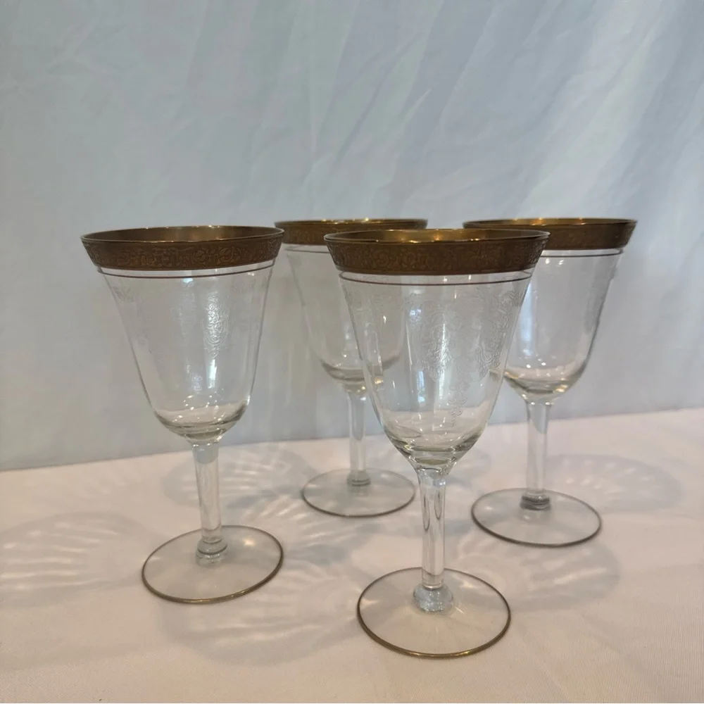 Antique 1920s Art Deco Etched Crystal Stemmed Glasses with Gold Rims